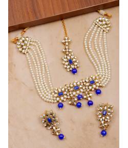Crunchy Fashion Gold-Tone White & Blue Kundan Studded & Beaded Choker Jewellery Set RAS0558