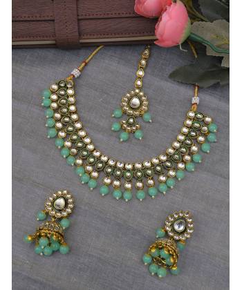 Traditional Gold-Plated Kundan Green Pearl Jewellery Set for Women/Girl's