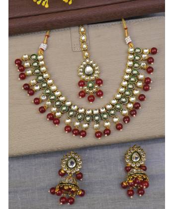 Ethnic Gold-Plated Maroon Pearl Kundan Jewelry Set for Women/Girls