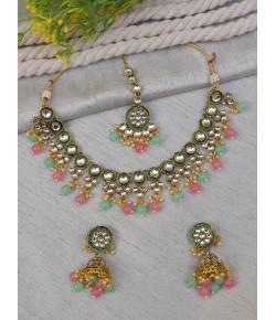 Ethnic Gold-Plated Kundan and Multicolor Pearl Jewelry Set For Women/Girls