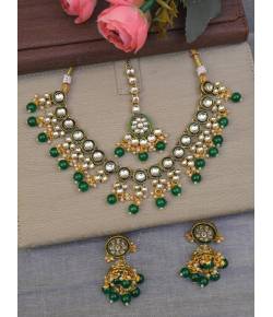 Elegant Kundan and Green Pearl Gold-Plated Jewellery Set for Women/Girls
