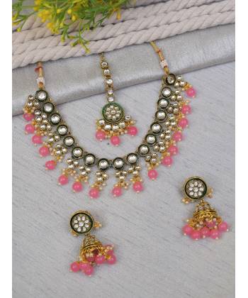 Ethnic Gold-Plated Kundan and Pink Pearl Jewelry Set For Women/Girls