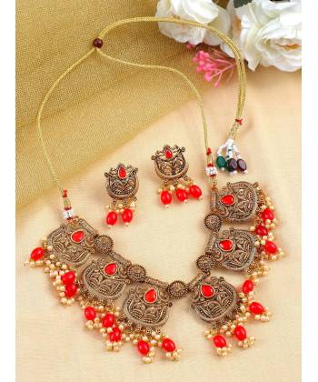 Antique Gold plated Red Pearl Drops Jewellery Set for Wedding/Party