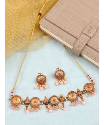 Antique Gold Plated Pink Polki Choker Set for Party