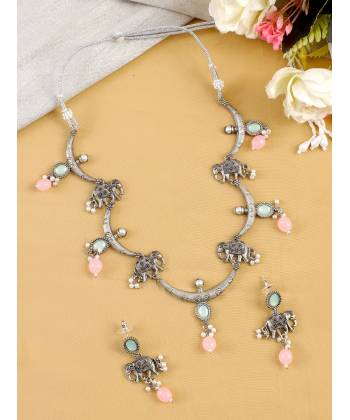 Oxidized Silver Elephant Pattern Pink-Mint Green Drops Jewelry Set for Women