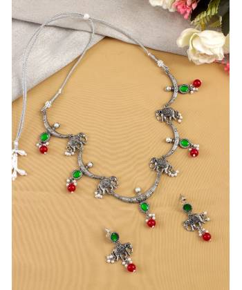 Oxidized Silver Elephant Pattern Red-Green Drops Jewelry Set for Women & Girls