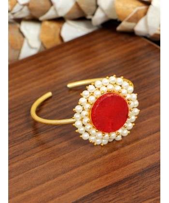 SwaDev Ethinc Gold-Plated  Pearl Red Stone Kada Bracelet  SDJB0015