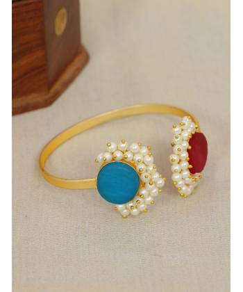  SwaDev Gold-Plated  Pearl Red & Blue Stone Kada Bracelet  SDJB0017