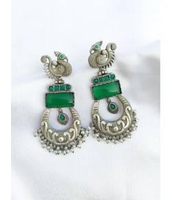 Green Stone Silver Lookalike Peacock Earrings For Women