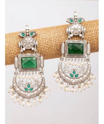 Green Oxidized Silver Dangler Earrings for Women