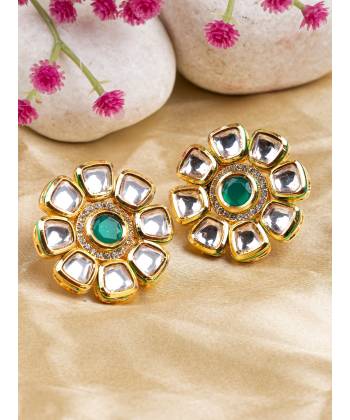 Statement Green Stones Kundan Stud Earrings for Stylish Girls &