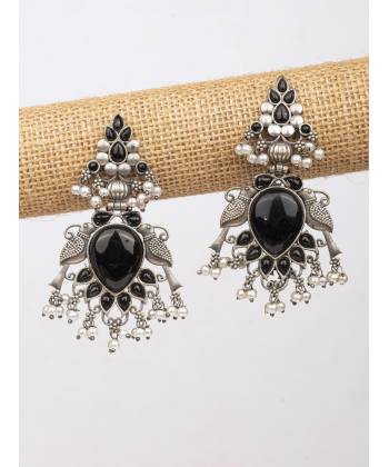 Black Stone Silver Look alike Peacock Earrings