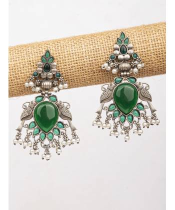 Green Stone Silver Look alike Peacock Earrings