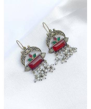 Wine Red Stone Silver Lookalike Earrings for Women