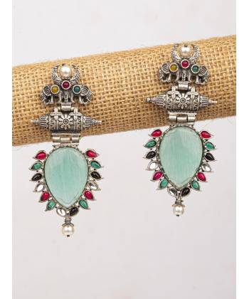 Mint GReen Oxidised Silver Earrings with Elephant Motifs for 