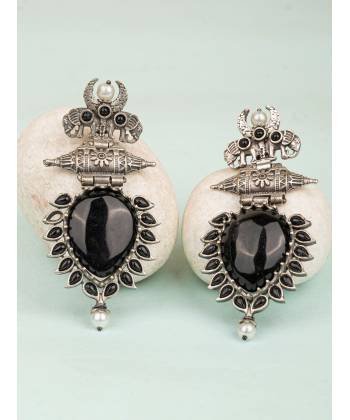 Stylish Black Stone Oxidised Silver Look alike Earrings for 