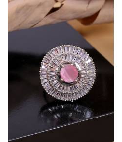 SwaDev  Silver-Plated White & Pink AD-Studded Handcrafted Finger Ring SDJR0010