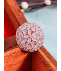 SwaDev  Silver & Pink  Classical Floral Finger Ring SDJR0013