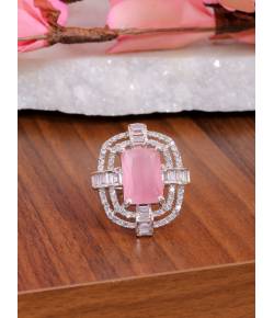 SwaDev  Sterling Silver & Pink  American Diamond Big Oval Design Finger Ring SDJR0016