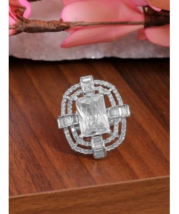 SwaDev  Sterling Silver American Diamond Big Oval Design Finger Ring SDJR0017