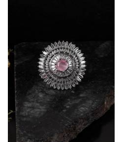 SwaDev Silver-Tone Pink Crystal Studded Ring SDJR0025