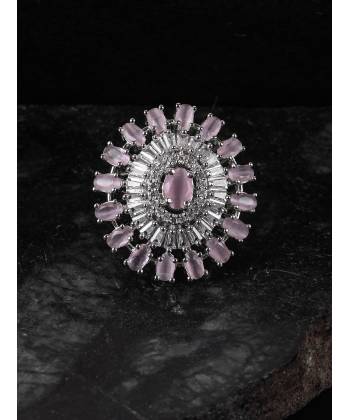 SwaDev Silver- Tone Light- Pink Mini Stone Embellished American Diamond A/D Finger Ring SDJR0032