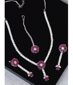 SwaDev  Royal Pink Ruby Flower Silver-Pltaed American Diamond Jewellery Set SDJS0002