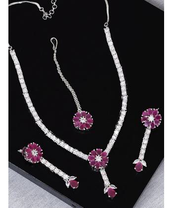 SwaDev  Royal Pink Ruby Flower Silver-Pltaed American Diamond Jewellery Set SDJS0002