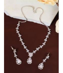 SwaDev White & Silver-Plated Leafy Design American Diamond Jewellery Set SDJS0003