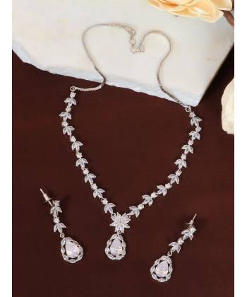 SwaDev White & Silver-Plated Leafy Design American Diamond Jewellery Set SDJS0003