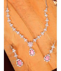 SwaDev Pink & Silver-Plated Leafy Design American Diamond Jewellery Set SDJS0004 