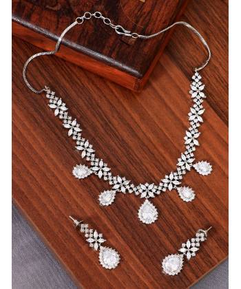 SwaDev American Diamond White & Silver-Plated Heavy  Party Wear Jewellery Set SDJS0005