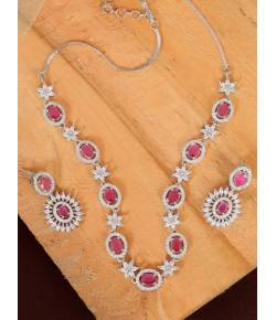 SwaDev Silver-plated American Diamond Pink Stone Studded Jewellery Set SDJS0008