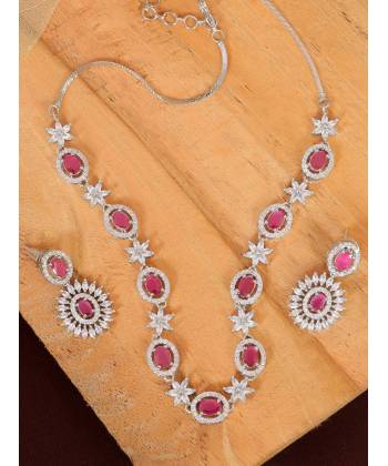 SwaDev Silver-plated American Diamond Pink Stone Studded Jewellery Set SDJS0008