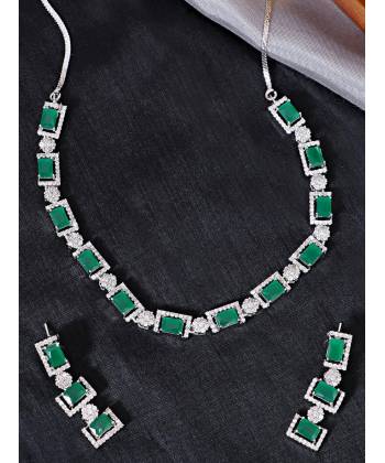 SwaDev Green & Silver American Diamond Studded Square Design Jewellery Set SDJS0010