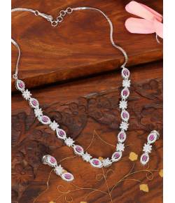 SwaDev  Pink & Silver--Plated American Diamond Studded Handcrafted Floral Jewellery Set SDJS0014