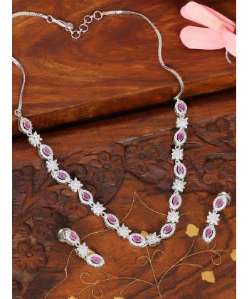SwaDev Pink & Silver--Plated American Diamond Studded Handcrafted Floral Jewellery Set SDJS0014