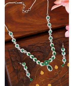 SwaDev Green & Silver-Plated American Diamond Studded Jewellery Set SDJS0016