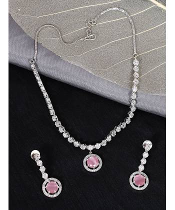 SwaDev Silver Toned American Diamond Studded Pink Stone Jewellery Set SDJS0023