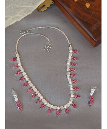 SwaDev American Diamond Silver-Plated Red Leaf  Ruby Design Studded Jewellery Set  SDJS0024