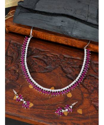 SwaDev AD/American Diamond Pink Stone Silver-Plated Jewellery Set SDJS0029