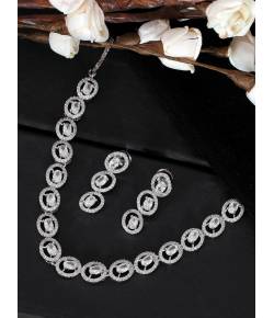 SwaDev Silver-Plated White American Diamond Turquoise Studded Jewellery Set SDJS0034