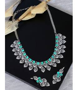 SwaDev AD/American Diamond Green Leaf Style Silver Toned Studded Layered Jewellery Set SDJS0038 