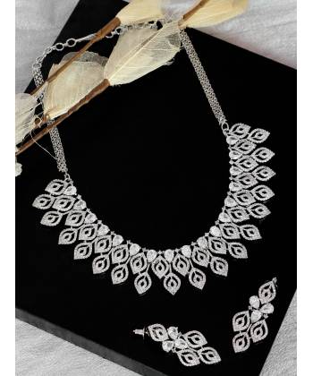 SwaDev AD/American Diamond Leaf Style Silver Toned Studded Layered Jewellery Set SDJS0039 