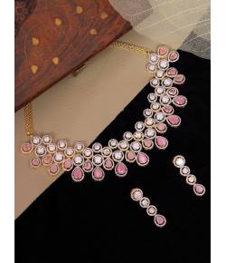 SwaDev Silver-Plated Pink  American Diamond/AD Studded Handcrafted Jewellery Set SDJS0043
