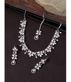 SwaDev Silver-Toned American Diamond Classic Floral Jewellery Set SDJS0049