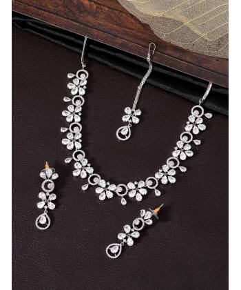 SwaDev Silver-Toned American Diamond Classic Floral Jewellery Set SDJS0049