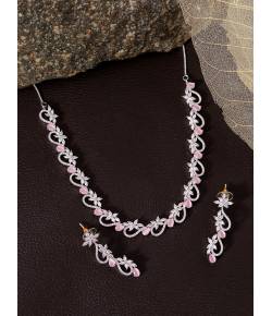 SwaDev Silver-Toned Floral Pink Stone Studded American Diamond/AD Jewellery Set SDJS0052