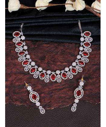 SwaDev Silver-Toned & Red AD Stone-Studded American Diamond/AD Jewellery Set  SDJS0054