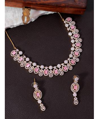 SwaDev Pink Rose Gold American Diamond/AD Studded Jewellery Set SDJS0055